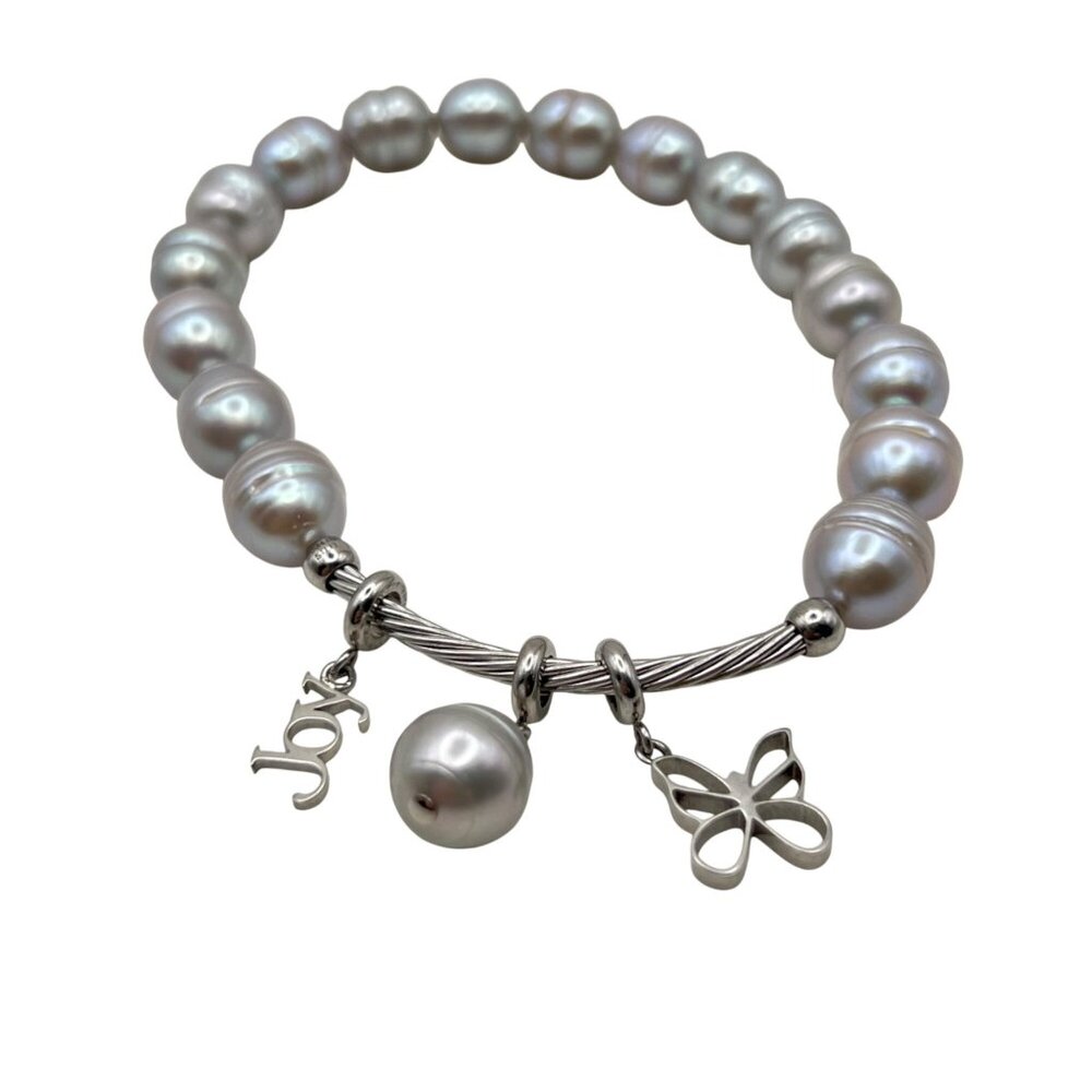Freshwater Gray Pearl Stretch Bracelet Joy Butterfly Charm Baroque Iridescent
